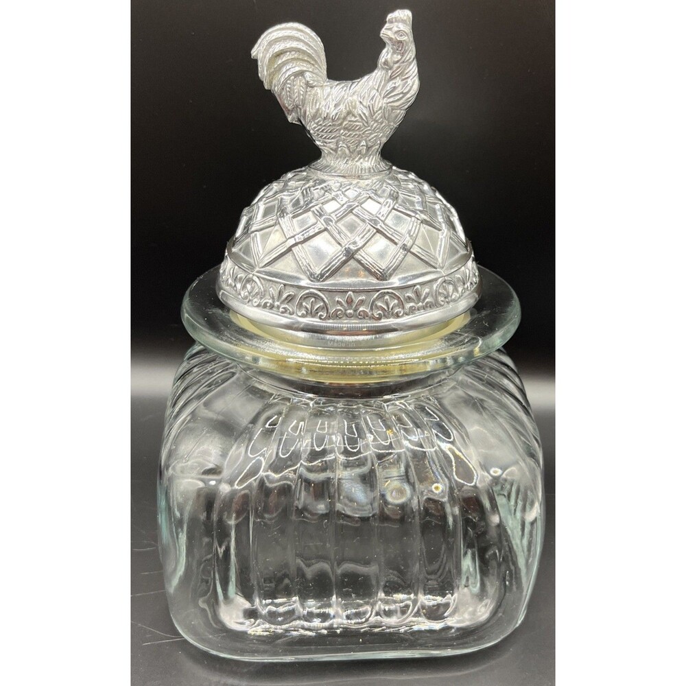 Vintage Artland  Glass Canister with Rooster Pewter Lid 9.5” EUC